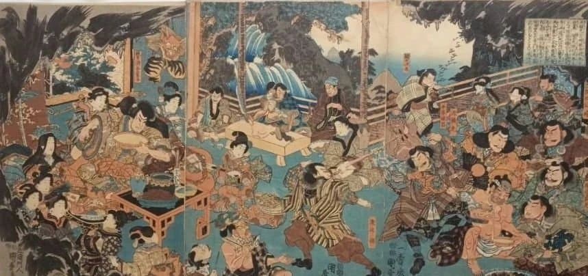 浮世絵版画、酒呑童子酒宴（盗賊)三枚綴り一壽齋国政画（二代歌川国貞)弘化4年出版