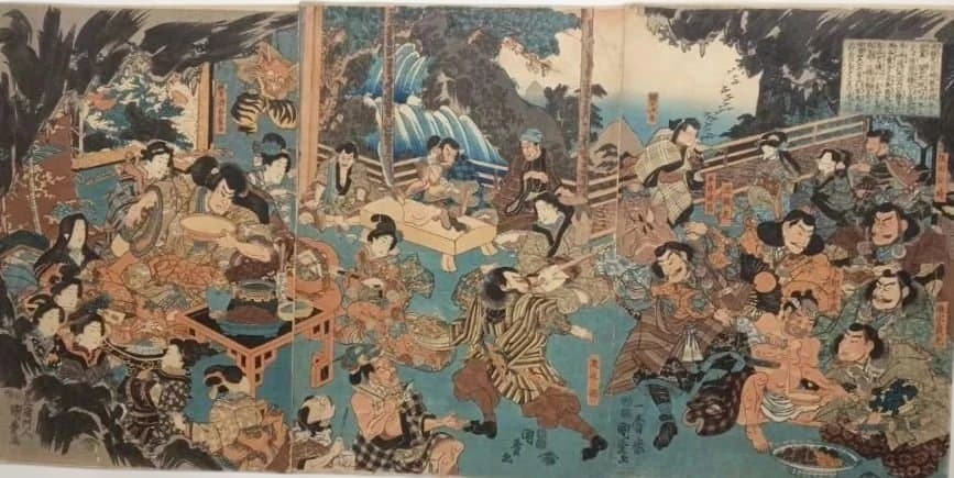 浮世絵版画、酒呑童子酒宴（盗賊)三枚綴り一壽齋国政画（二代歌川国貞)弘化4年出版