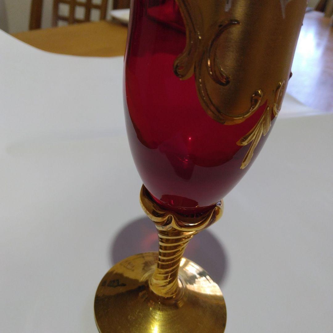 ベネチアングラス　赤と金のガラスグラス 花柄