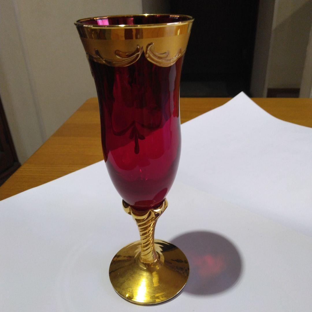 ベネチアングラス　赤と金のガラスグラス 花柄