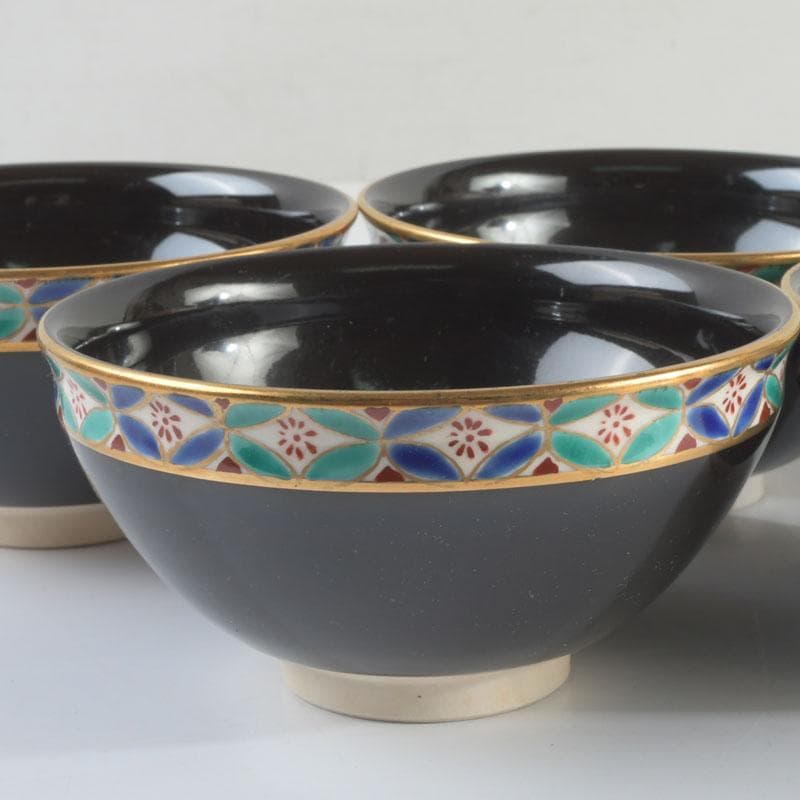 茶道具　京焼　平安　紫雲造　色絵　黒仁清七宝文　数茶碗　五客　V　9486