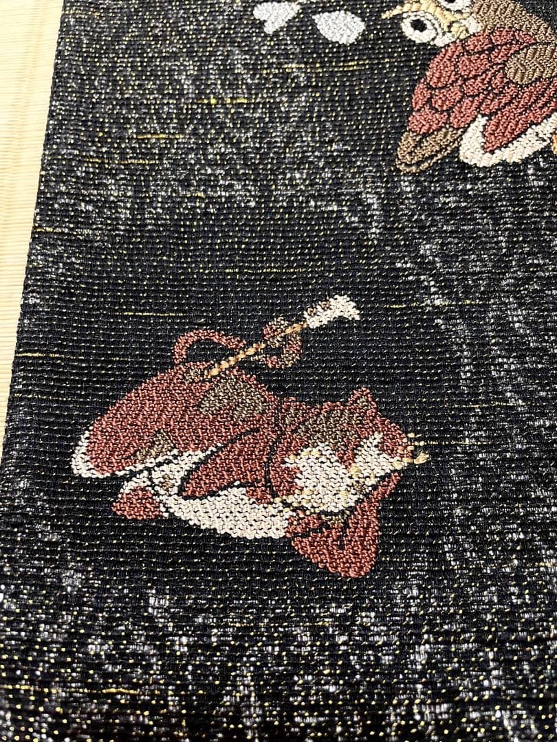 猫 たぬき うさぎ ふくろう 亀 金通し 黒地 袋帯