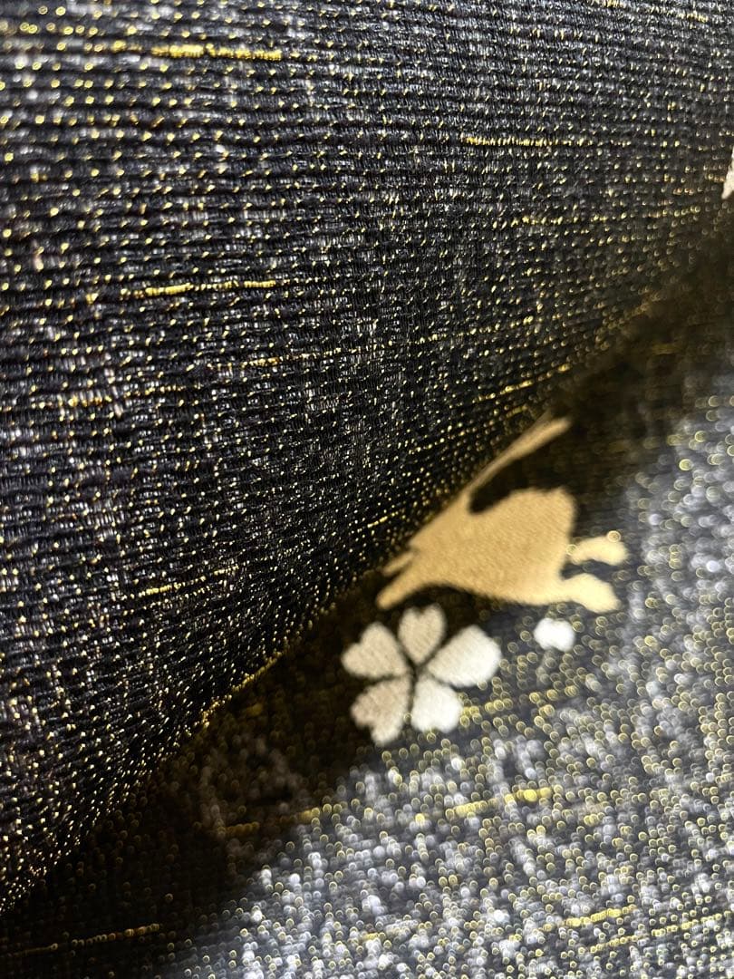 猫 たぬき うさぎ ふくろう 亀 金通し 黒地 袋帯