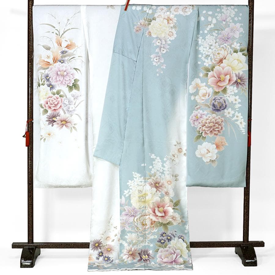 専用　ご予約　振袖　未仕立て　仮絵羽 くすみ水色　牡丹　金糸　ラメ　刺繍　成人式