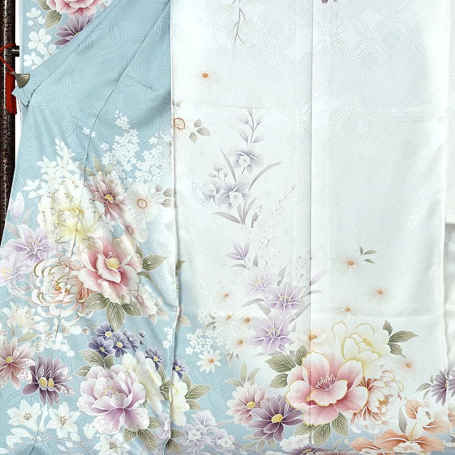専用　ご予約　振袖　未仕立て　仮絵羽 くすみ水色　牡丹　金糸　ラメ　刺繍　成人式