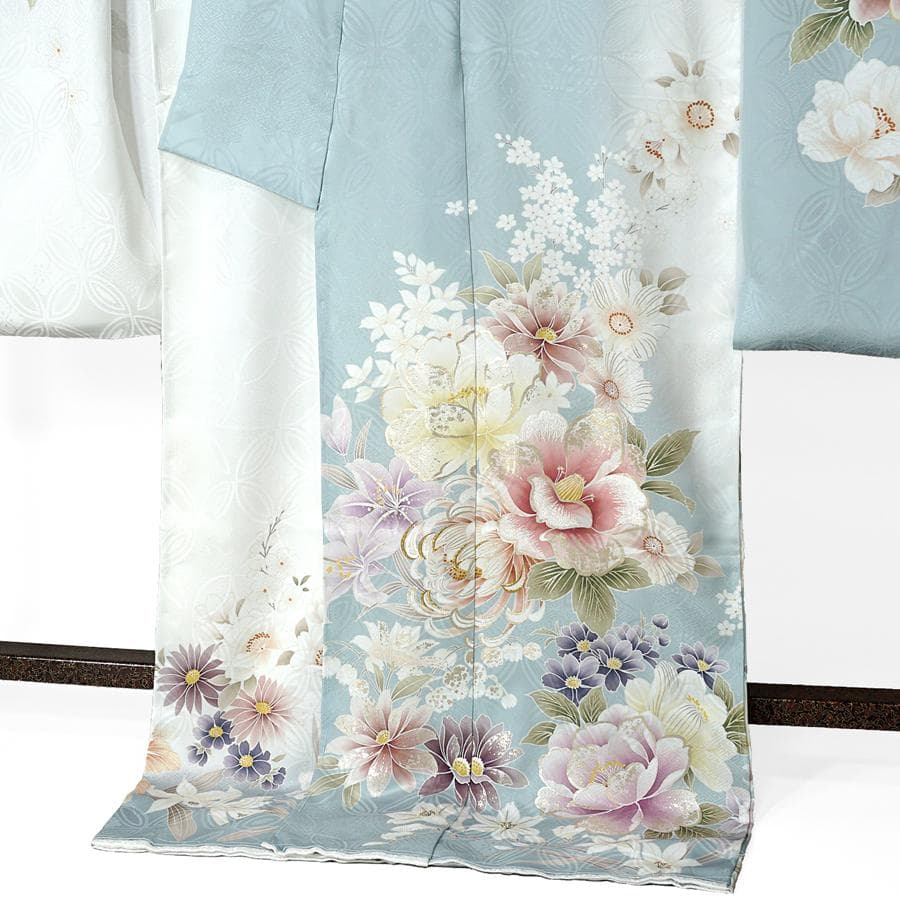 専用　ご予約　振袖　未仕立て　仮絵羽 くすみ水色　牡丹　金糸　ラメ　刺繍　成人式
