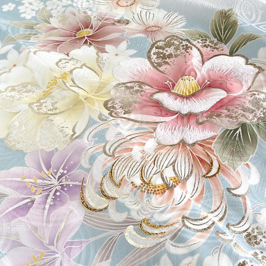 専用　ご予約　振袖　未仕立て　仮絵羽 くすみ水色　牡丹　金糸　ラメ　刺繍　成人式