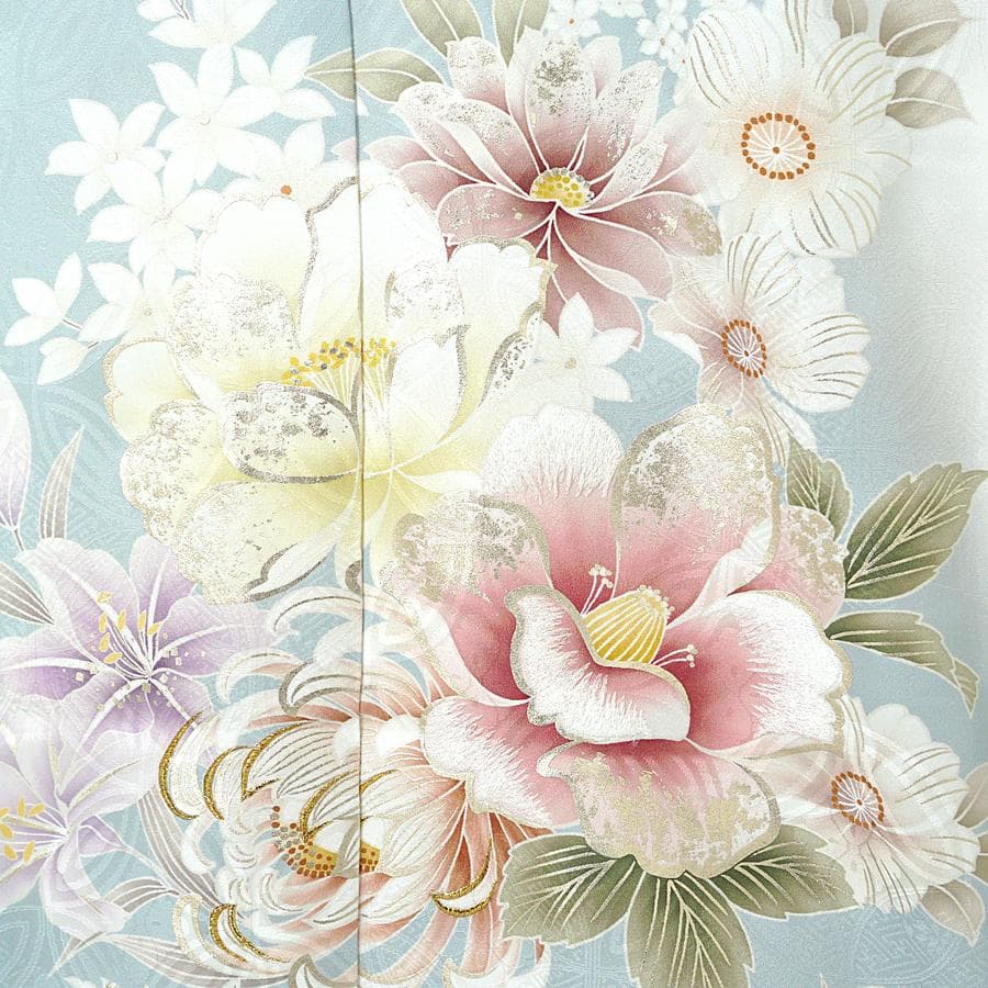 専用　ご予約　振袖　未仕立て　仮絵羽 くすみ水色　牡丹　金糸　ラメ　刺繍　成人式