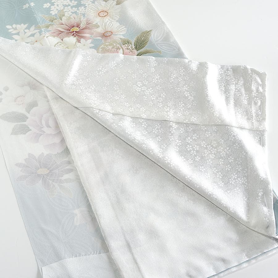 専用　ご予約　振袖　未仕立て　仮絵羽 くすみ水色　牡丹　金糸　ラメ　刺繍　成人式