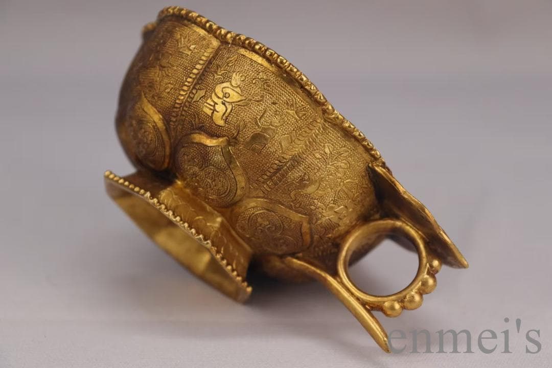 中国古美術 旧蔵 唐代 大唐貞觀款 鍍金銅酒杯 精銅製 小型酒器 文房 純手作り