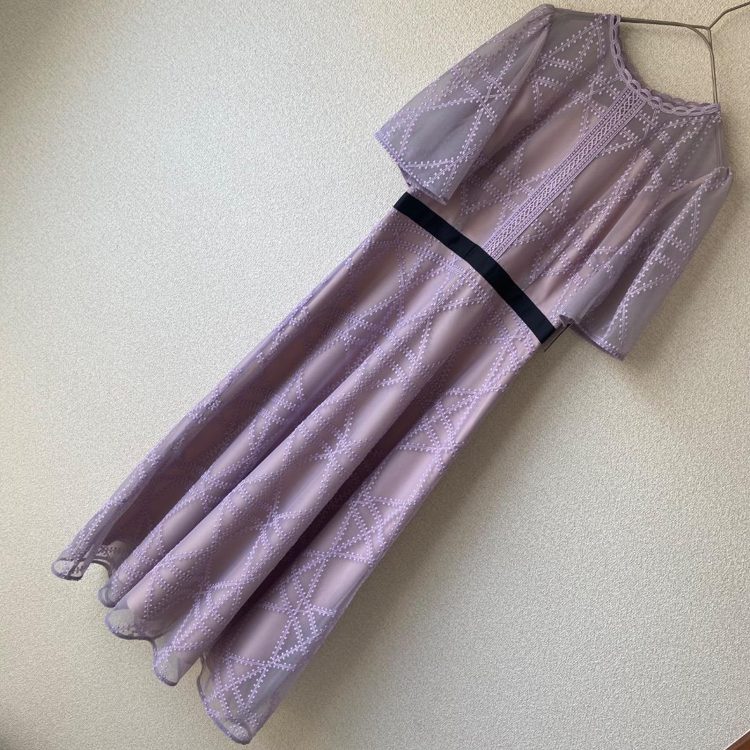 タグ付未使用 セルフォード プレイドパターンチュールドレス ラベンダー 38