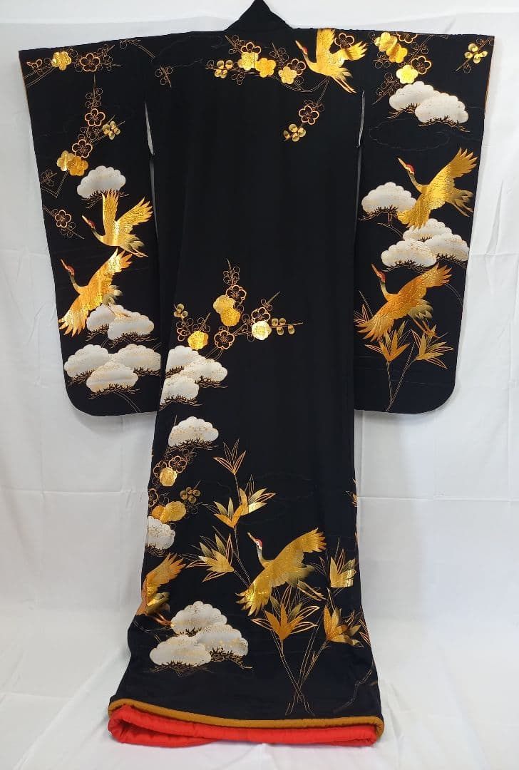 黒引き振袖 友禅作家秋山章 丸章 金彩の鶴 花嫁衣裳