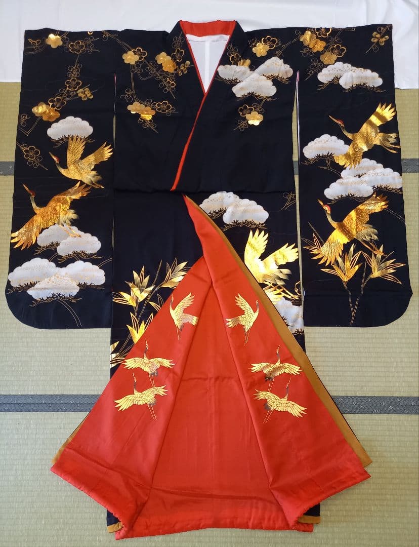 黒引き振袖 友禅作家秋山章 丸章 金彩の鶴 花嫁衣裳