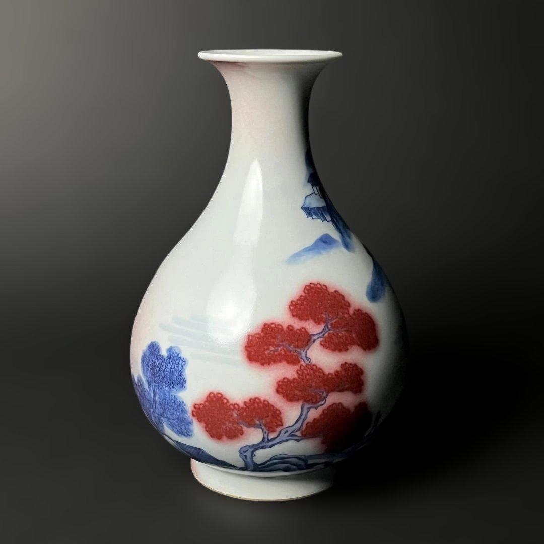 唐物 青花釉裏紅楼閣山水人物紋 玉壺春 大清康煕年製 款 中国美術古玩 S54