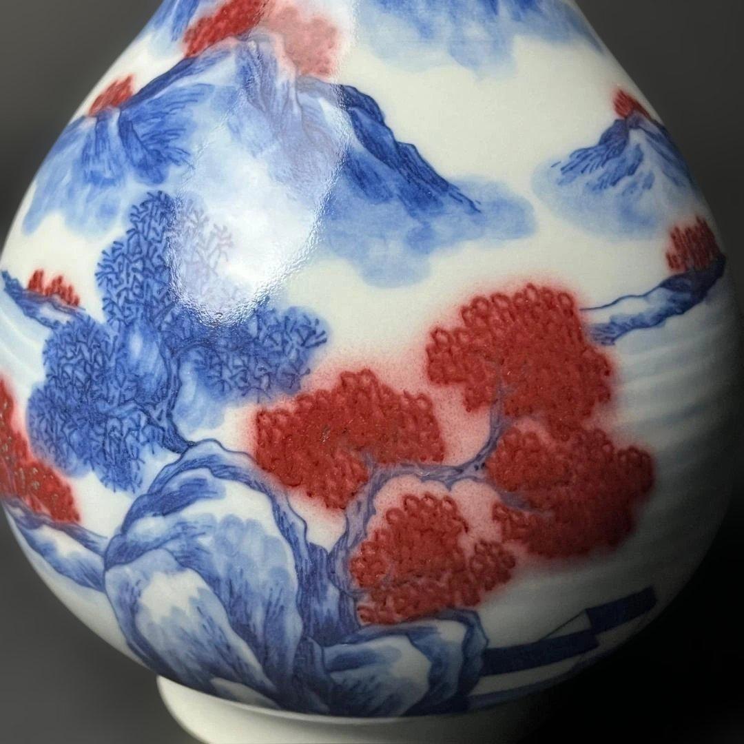 唐物 青花釉裏紅楼閣山水人物紋 玉壺春 大清康煕年製 款 中国美術古玩 S54