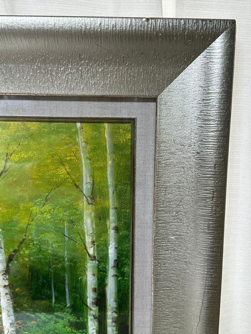 お勧め　油彩　肉筆　秋の森林白樺風景画　大型横長額縁　紅葉　インテリア　ア-ト