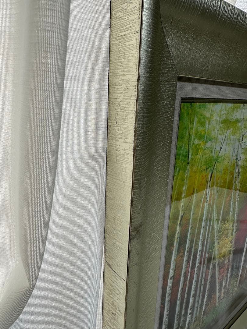 お勧め　油彩　肉筆　秋の森林白樺風景画　大型横長額縁　紅葉　インテリア　ア-ト