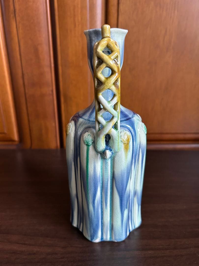 人間国宝　加藤卓男　藍彩貼花文手付花入 重要無形文化財認定