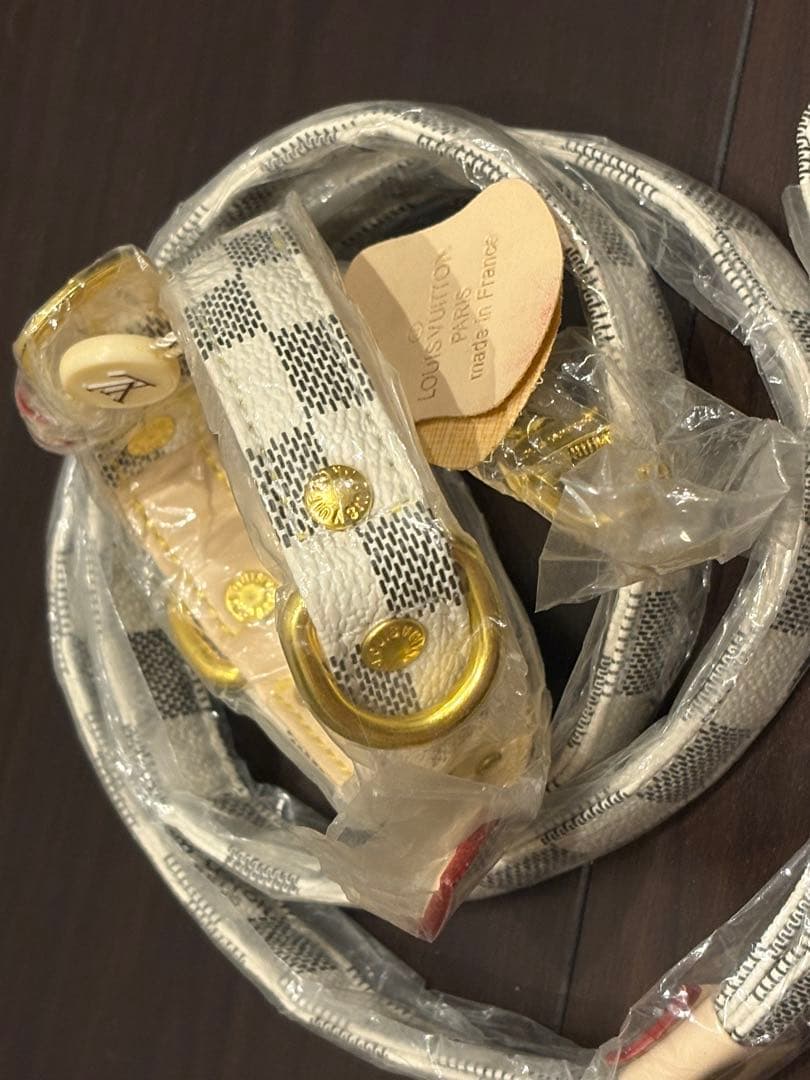 ダミエデザイン　小型犬　首輪　リード　セット　アズール