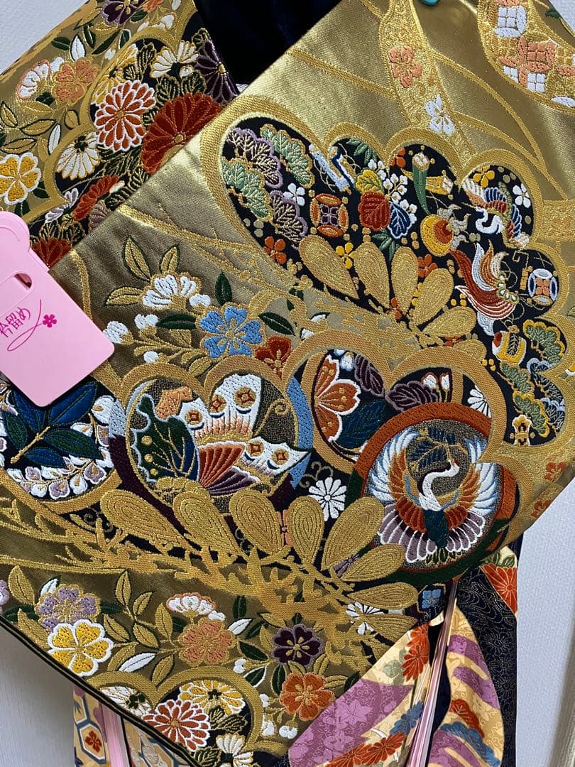 サービスセット しつけ糸つき紺の古典柄正絹振袖 全て揃ったフルセット M～トール