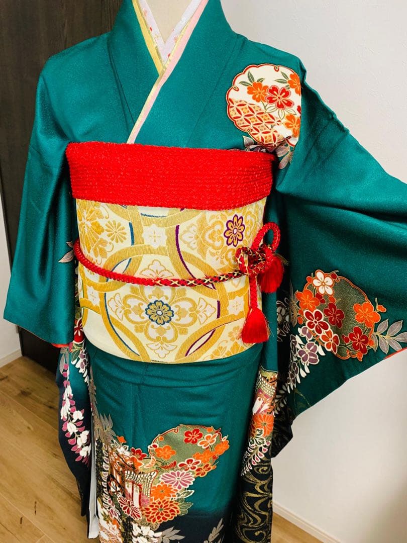 振袖フルセット豪華振袖　雪輪御所車花文　暈し染め　金彩　鈴乃屋扱い　正絹