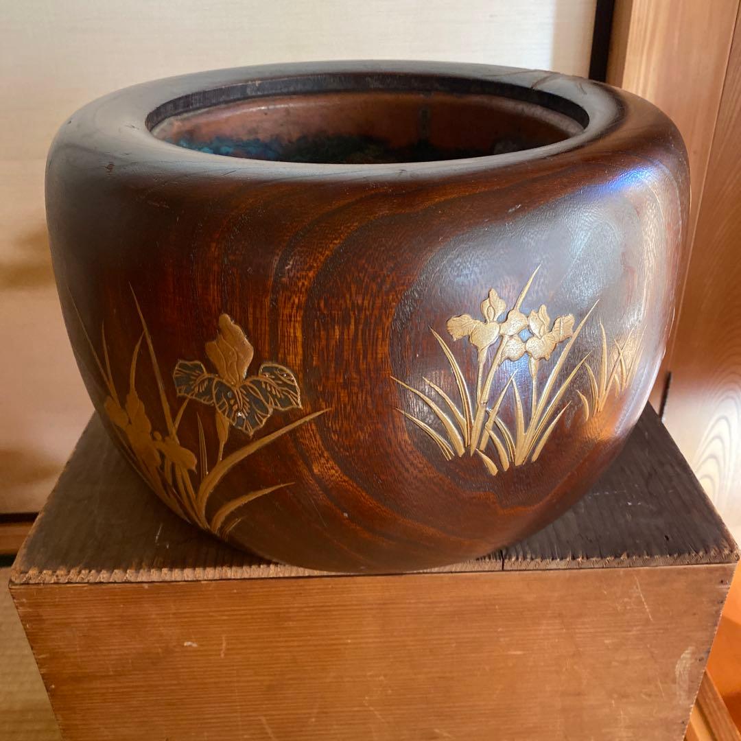 骨董　火鉢　アンティーク　あやめ蒔絵火鉢　花菖蒲　螺鈿細工　花柄　金彩　木製