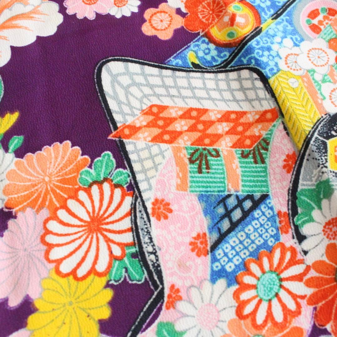 七五三 7歳 女の子 子供 アンティーク 紫 着物 帯 セット