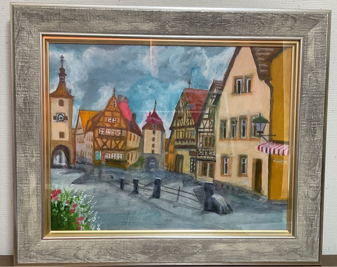 油彩画　「中世の街並み」　原画　額付　F6