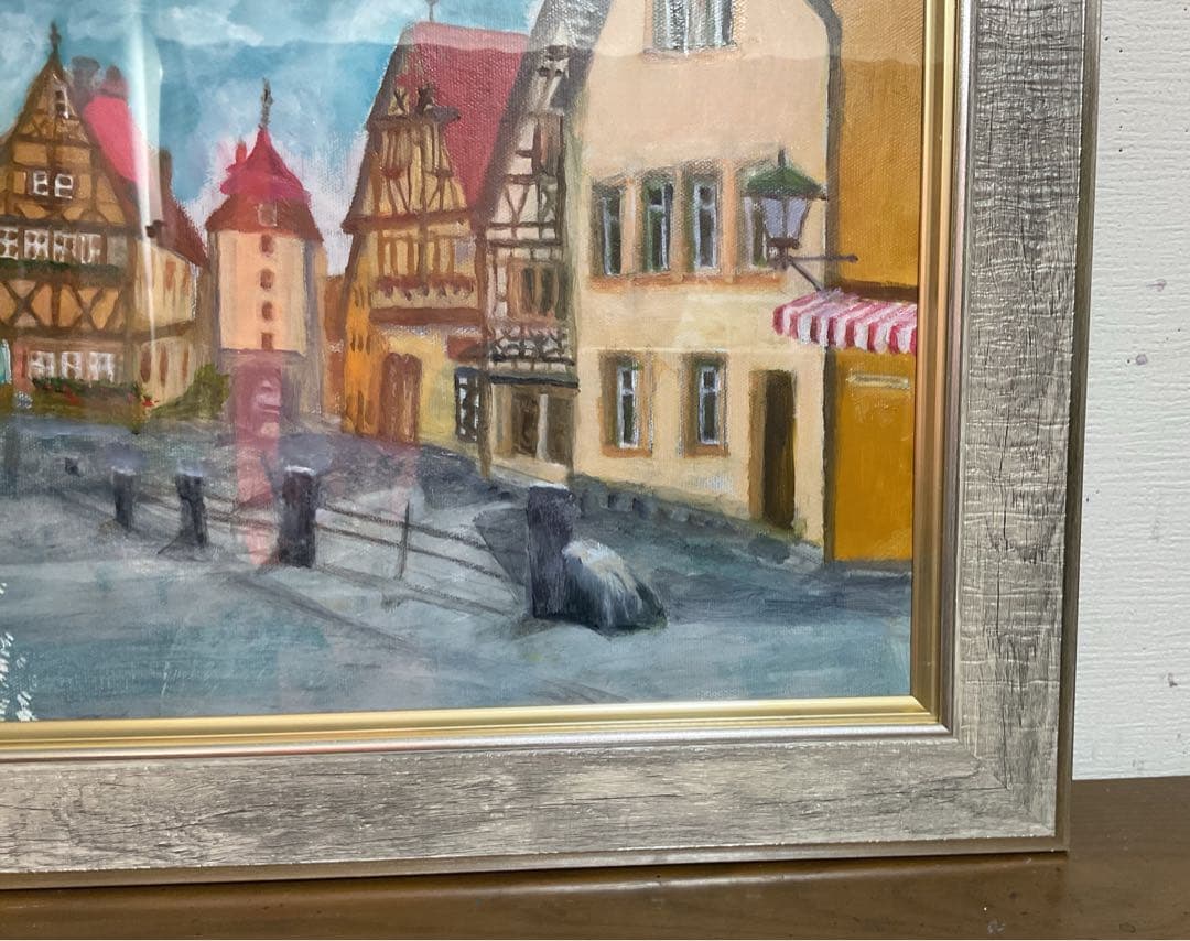 油彩画　「中世の街並み」　原画　額付　F6