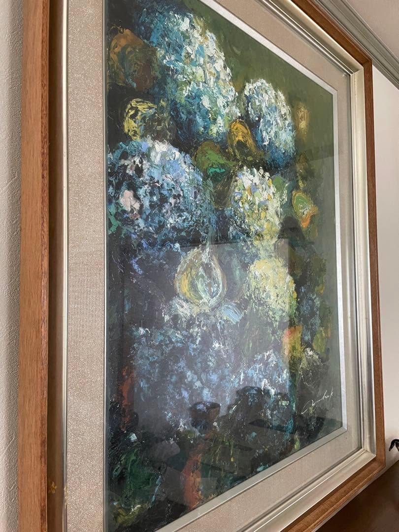油彩 紫陽花 絵 大きめ 特大 額縁 約87×102cm インテリア 絵画