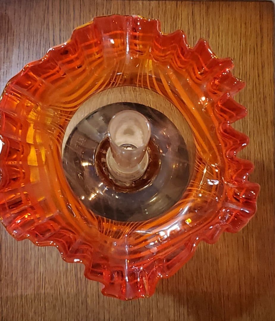金魚鉢型　オイルランプ　かきあげ　波状紋　約４６cm コバルト　赤橙