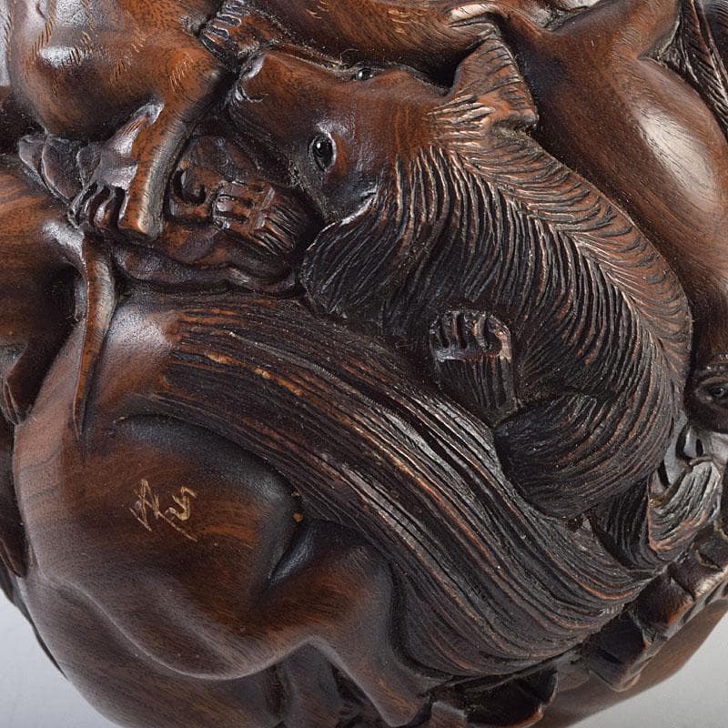 唐木彫刻　中山銘　十二支　丸玉　置物　V　R9190