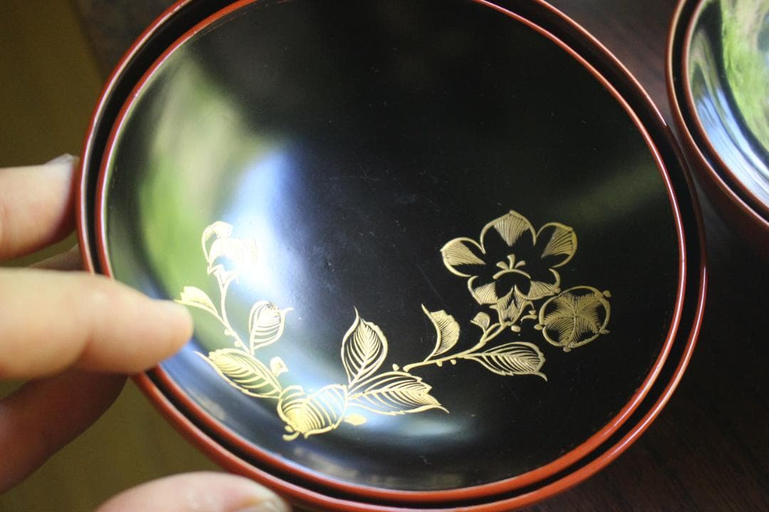 絵柄選択可！時代朱漆に優美な草花沈金のお椀10点（検輪島塗懐石椀沈金椀