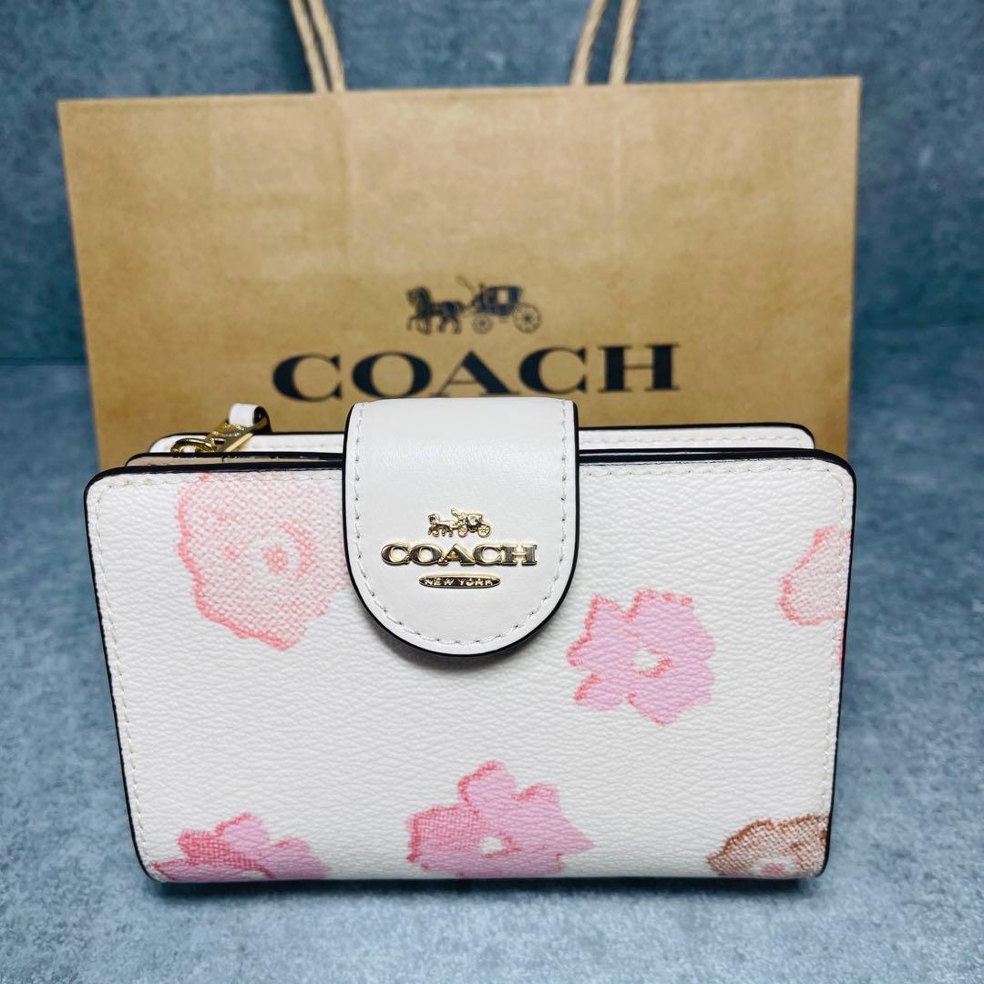 【新品】完売品 COACH コーチ 花柄 二つ折り財布 フローラル 白 ピンク