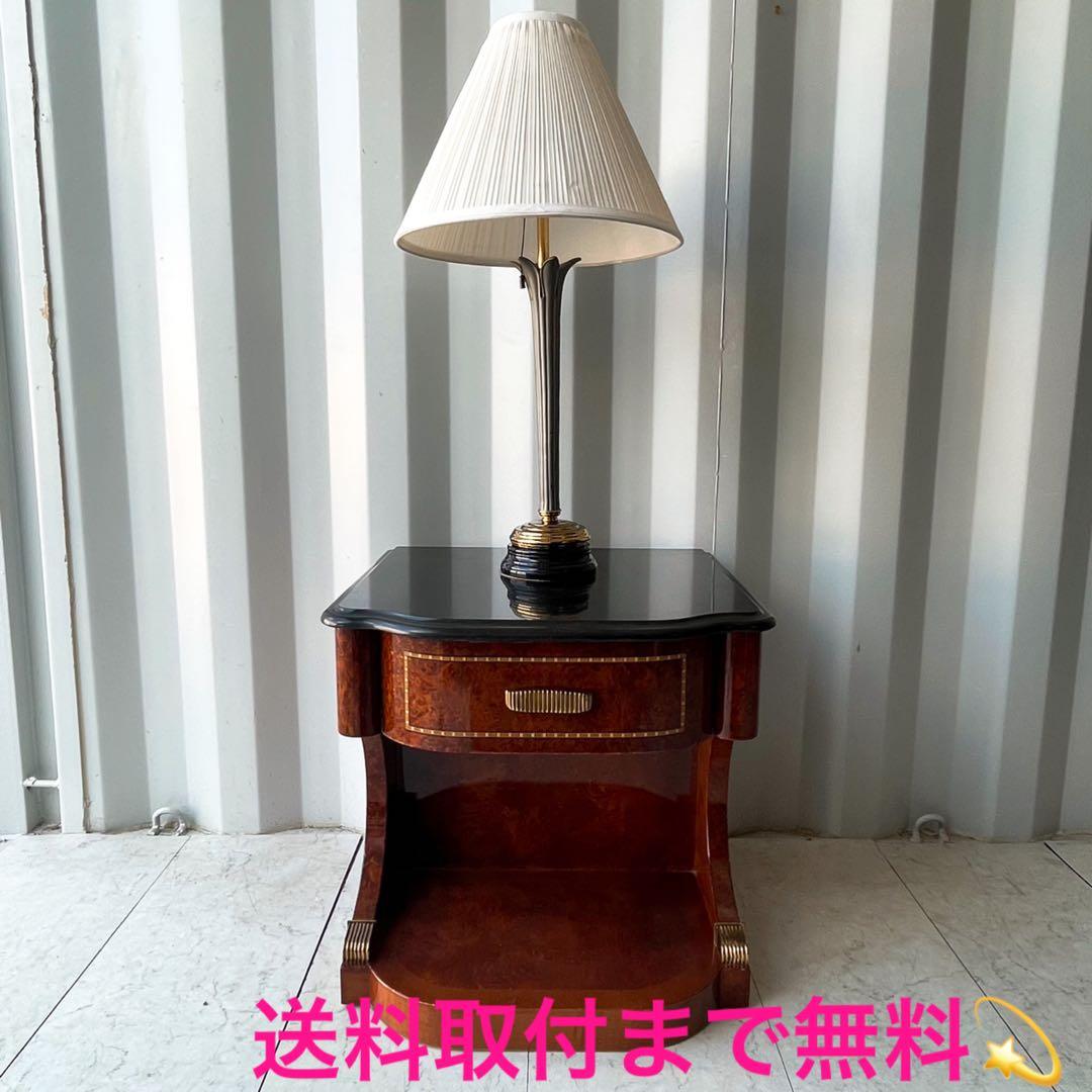 取付無料！高級ヨーロピアンアンティーク 大理石天板ライト付きナイトサイドテーブル