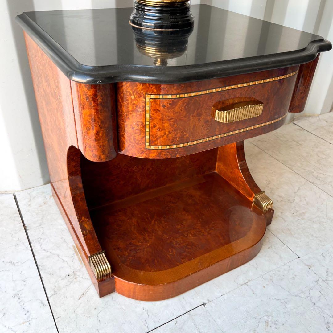 取付無料！高級ヨーロピアンアンティーク 大理石天板ライト付きナイトサイドテーブル