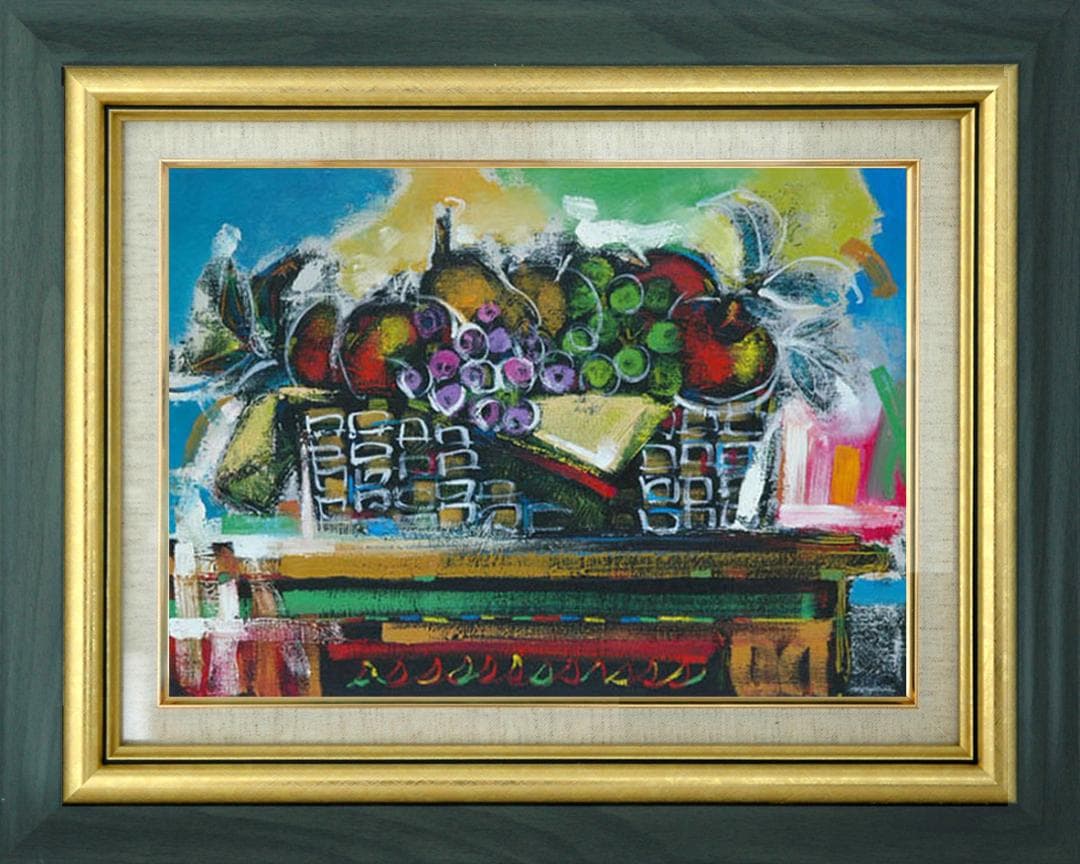 油絵 菅家令子絵画インテリア 額付(青緑＋金色の枠) uF6-120109 果物