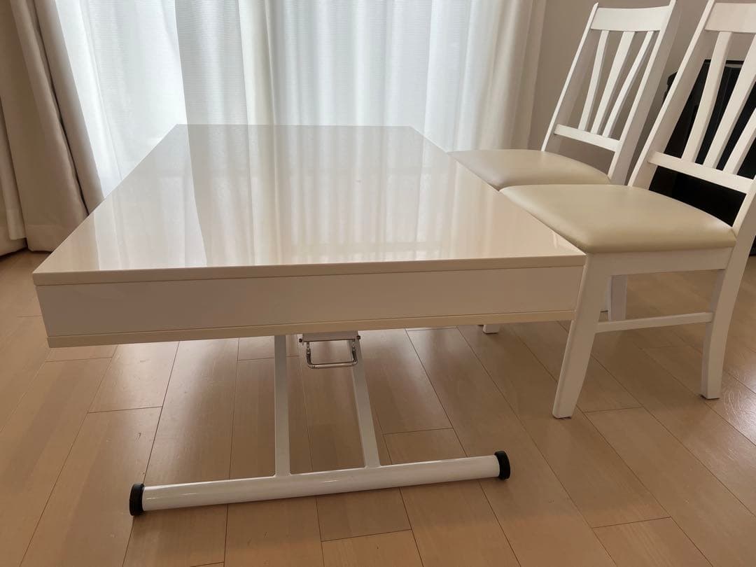 昇降式ホワイト 引き出し付きダイニングテーブル