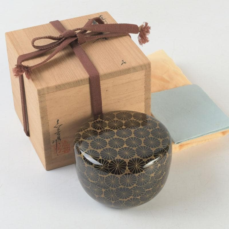 茶道具　輪島塗　前志芸男作　沈金菊文様　平棗　共布共箱　V　9581