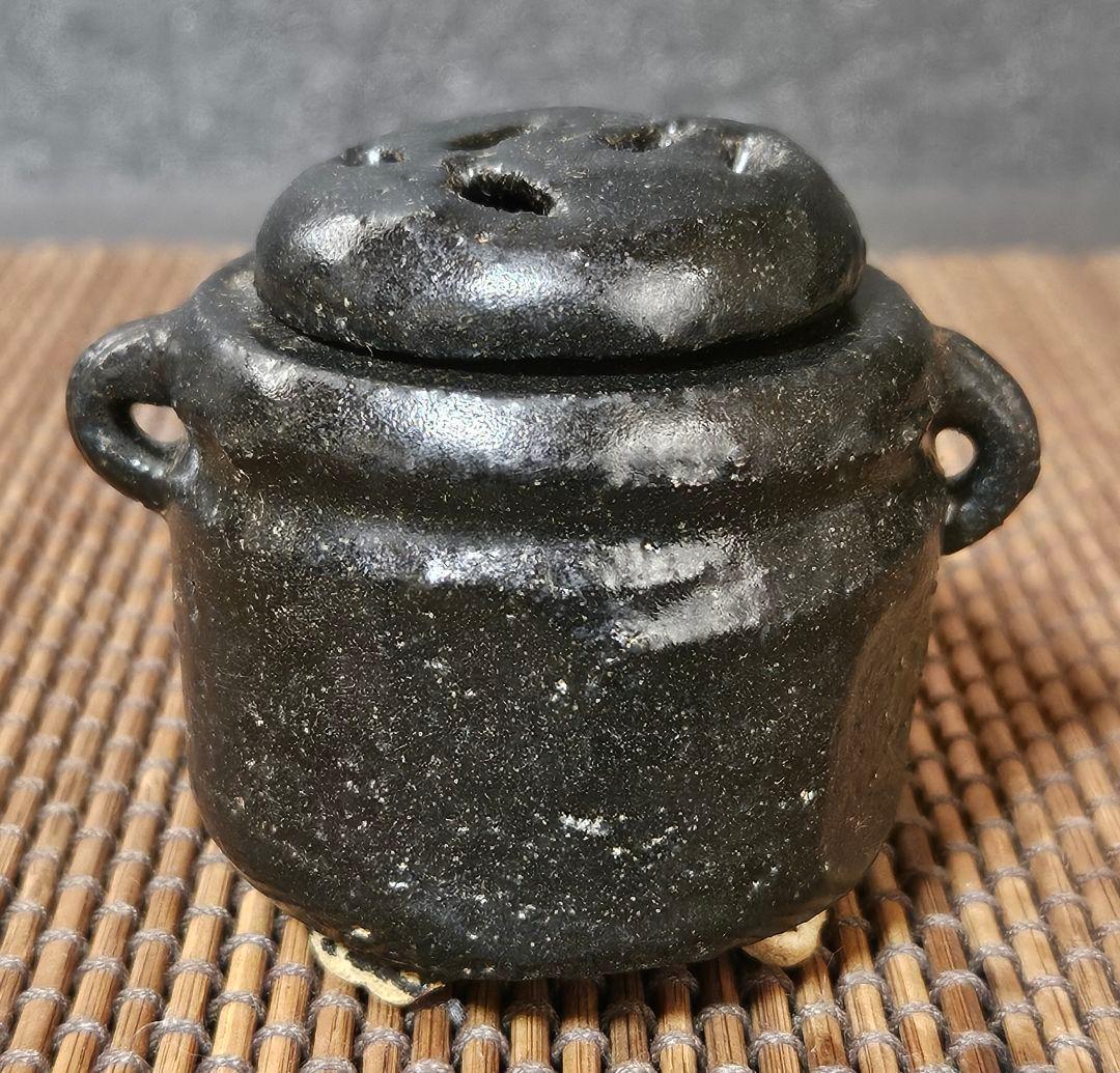 明治時代　古美濃　古瀬戸　黒織部　鉄絵　草文様　双耳　香炉　茶道具　茶器　香道具