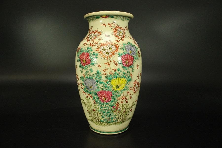 色絵 草花紋 花瓶 明治 京 薩摩 高21.6cm(LC503)