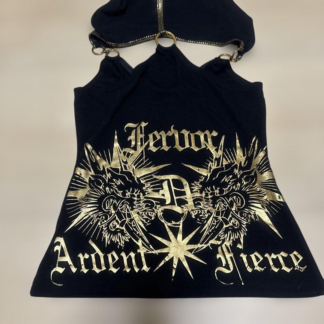 フード付きタンクトップ ブラック ゴールドプリント