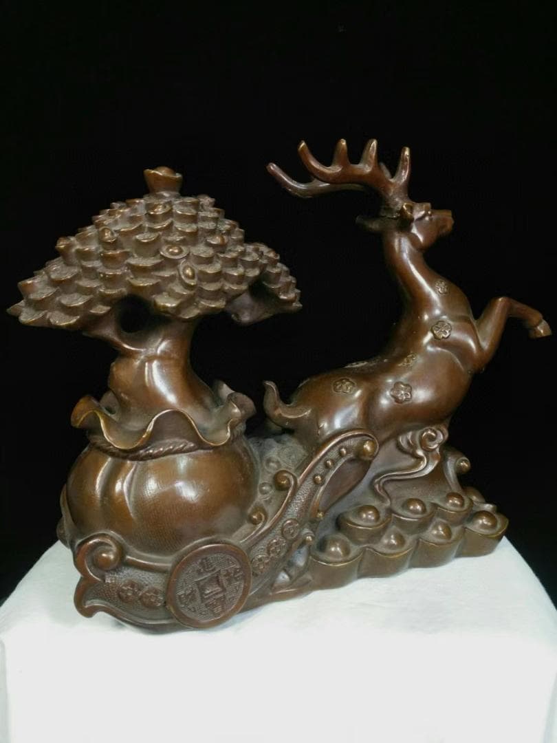 中国古美術品·旧蔵純銅器·一路生财·细密彫·純手作り·高浮彫·文房置物·風水開運