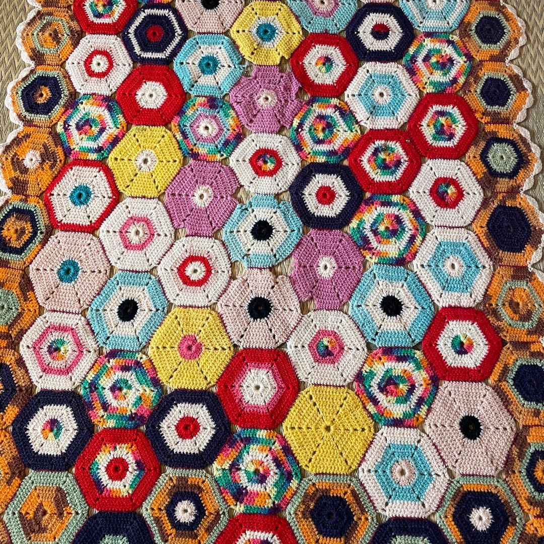 レア！60s〜70sアメリカアンティーク　多彩色ニットラグ　USAヴィンテージ