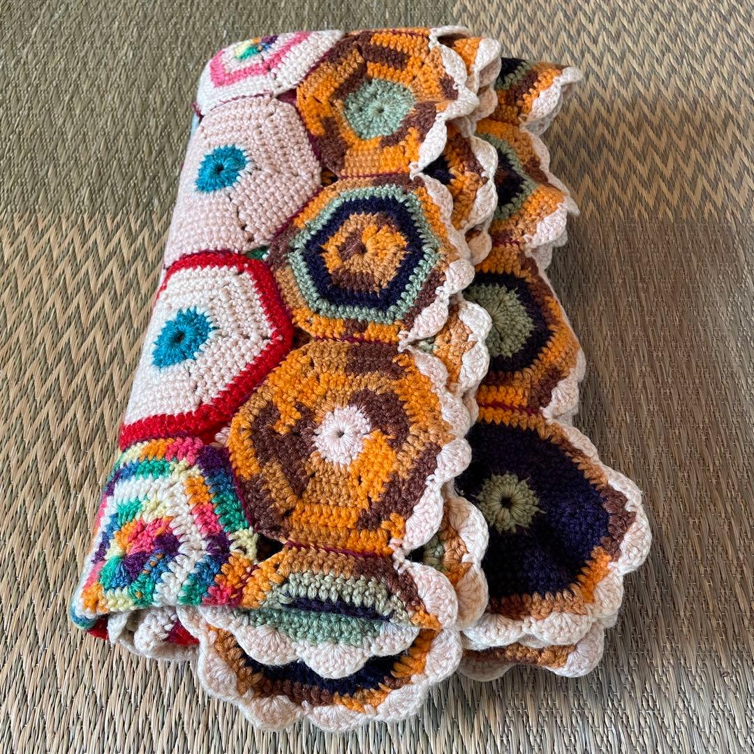 レア！60s〜70sアメリカアンティーク　多彩色ニットラグ　USAヴィンテージ