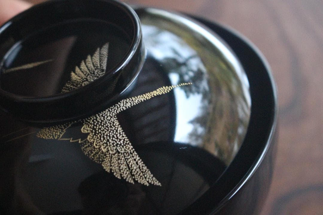 デッドストック！上質黒漆に極上鶴沈金の映えるお椀2点（検輪島塗沈金椀雑煮椀