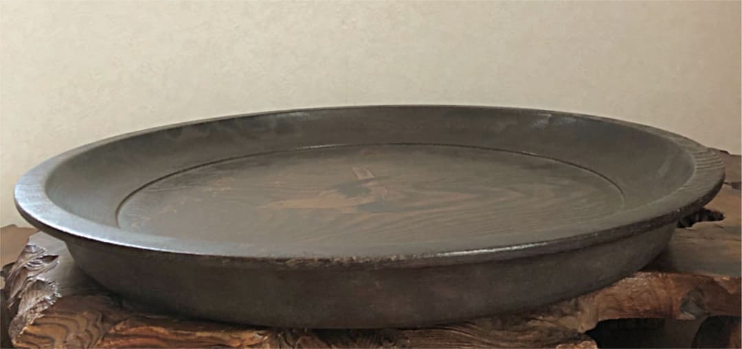 時代 くりぬき盆 遊鳥雲松紋 在銘