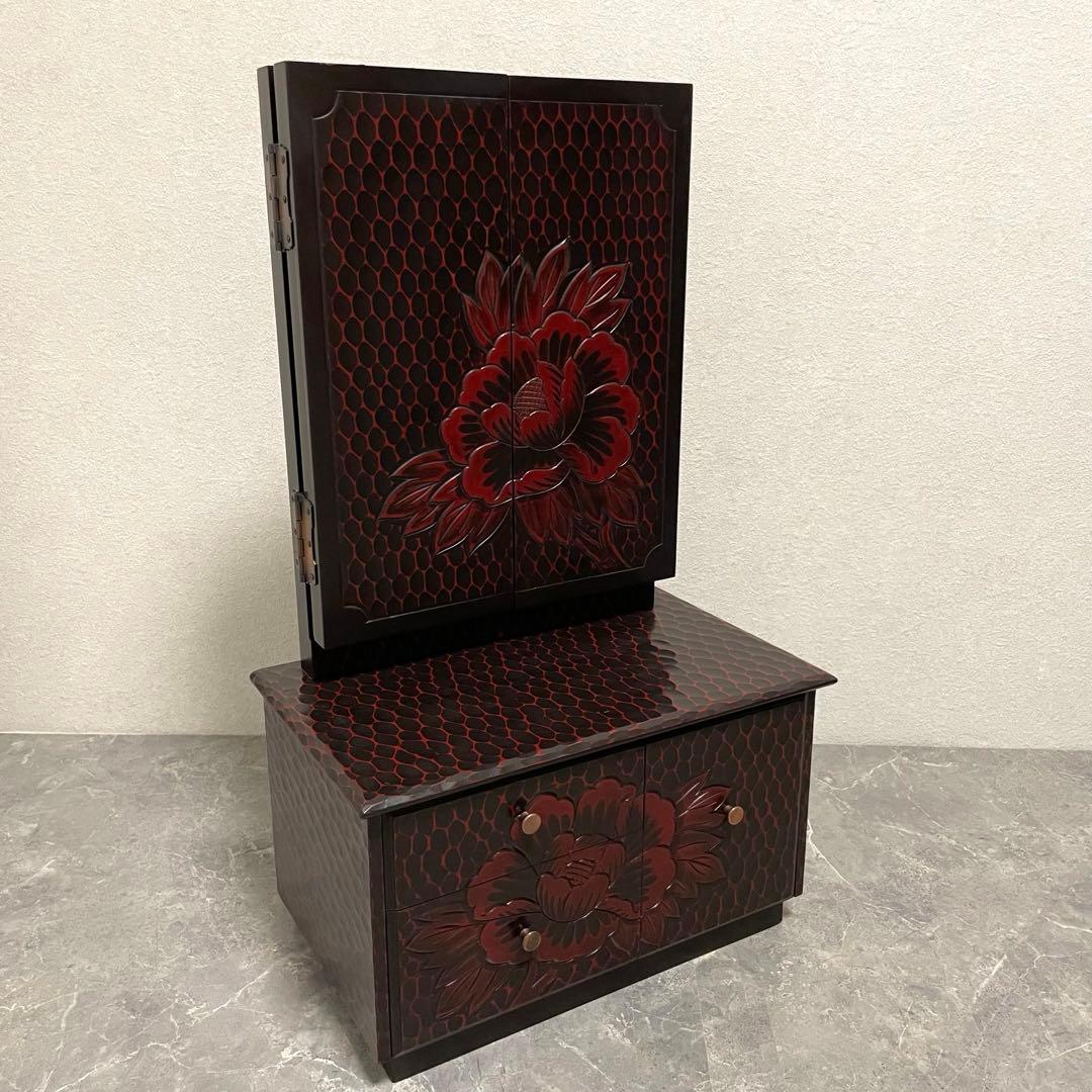 鎌倉彫 鏡台 三面鏡 木製 彫刻 牡丹花 昭和レトロ 和風 ドレッサー