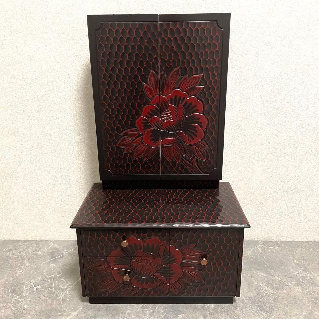 鎌倉彫 鏡台 三面鏡 木製 彫刻 牡丹花 昭和レトロ 和風 ドレッサー