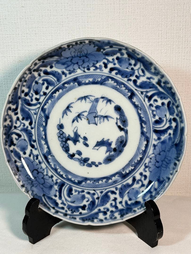 古伊万里染付7寸皿 牡丹唐草　江戸時代 2枚　無傷